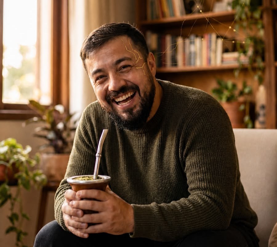 Lino sorrindo com uma cuia de chimarrão
